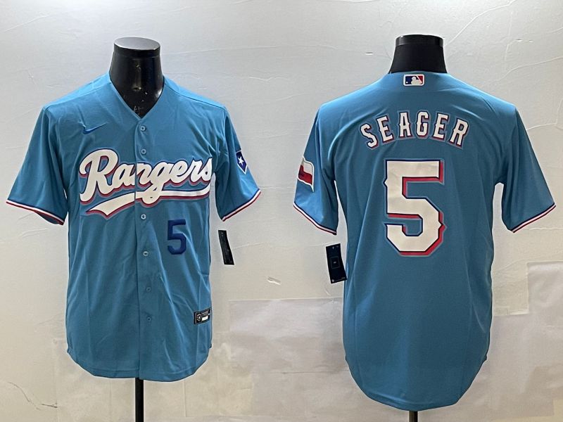 Men Texas Rangers 5 Seager Light Blue Game 2025 Nike MLB Jersey style 2